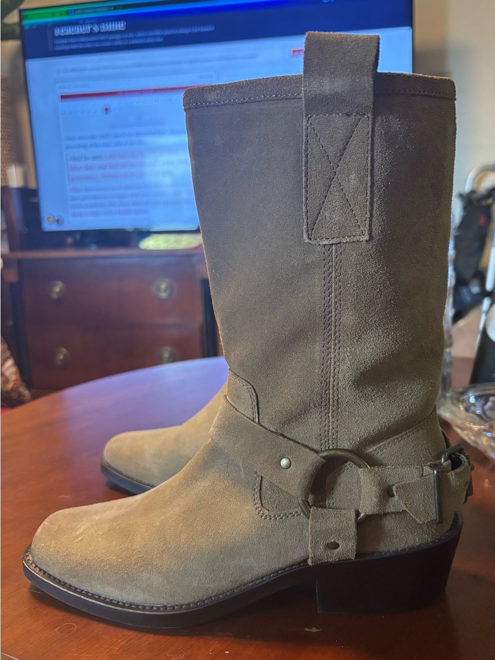 Women's Suede Mid-Calf Harness Boots - Taupe